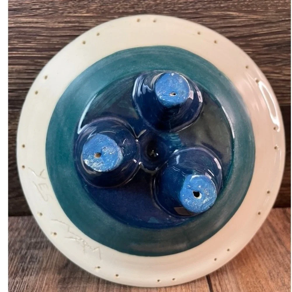 Yes Mam Studio Pottery Apple Baker Teal Navy Striped Tripod Footed Ceramic